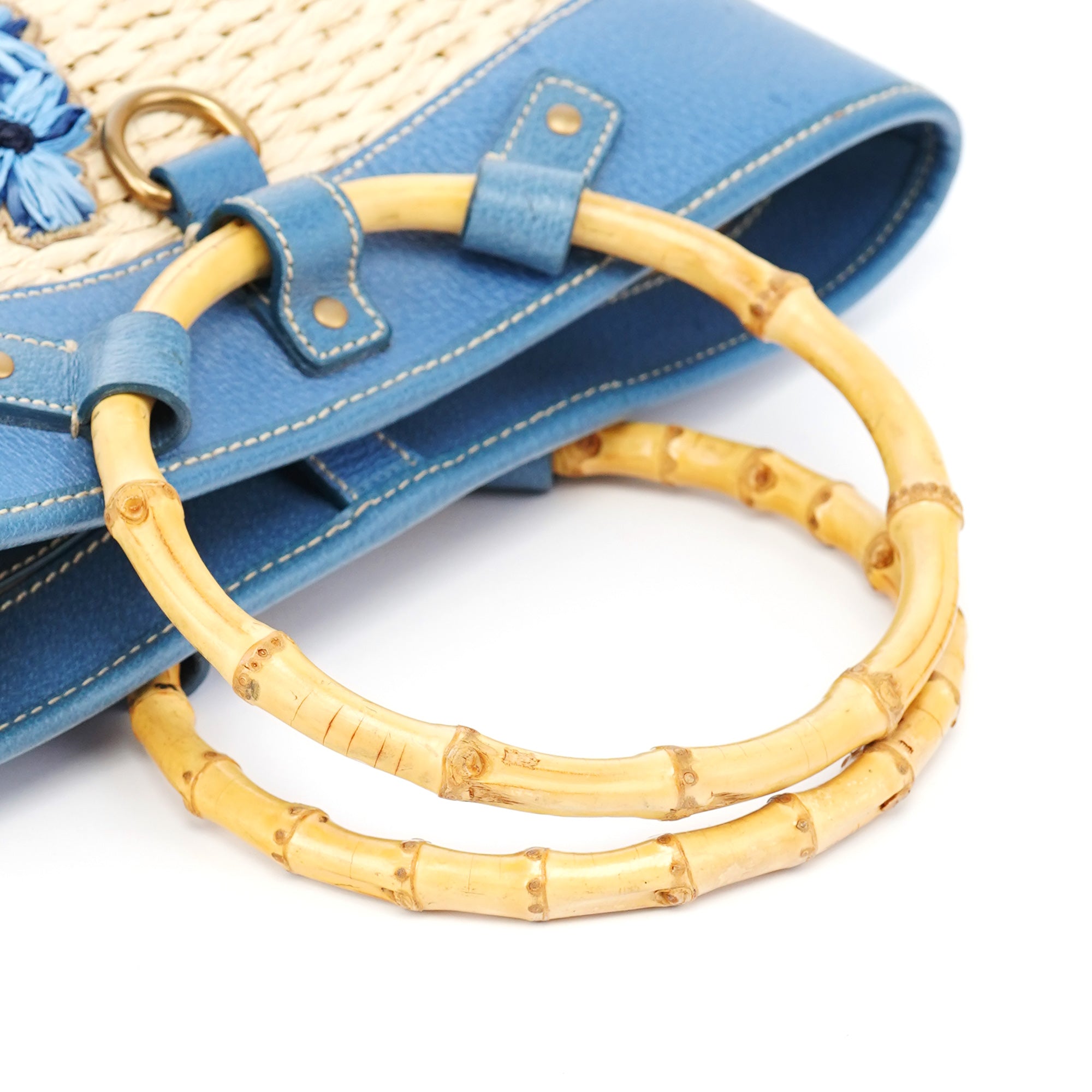 Beige Blue Raffia Bamboo Bag