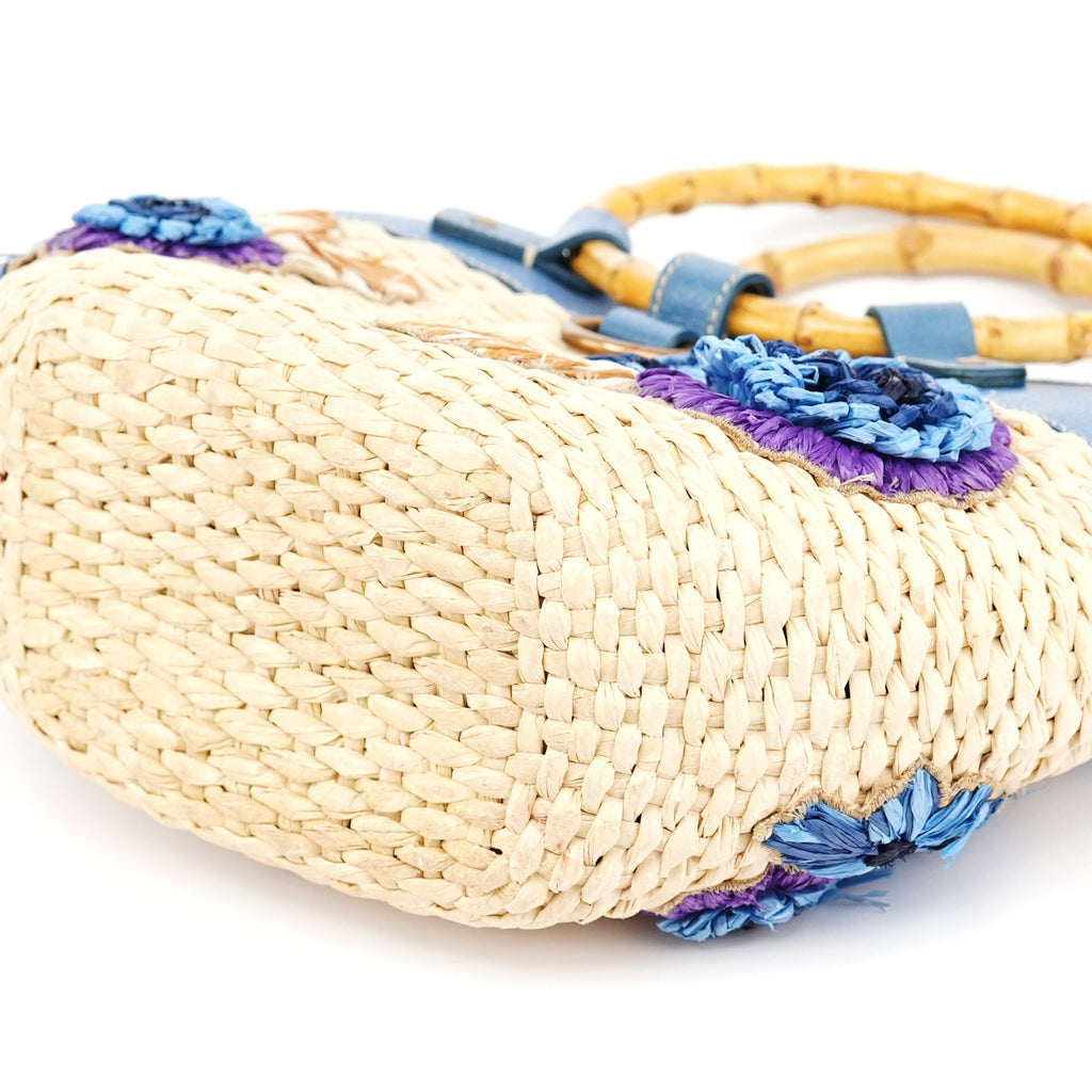 Beige Blue Raffia Bamboo Bag