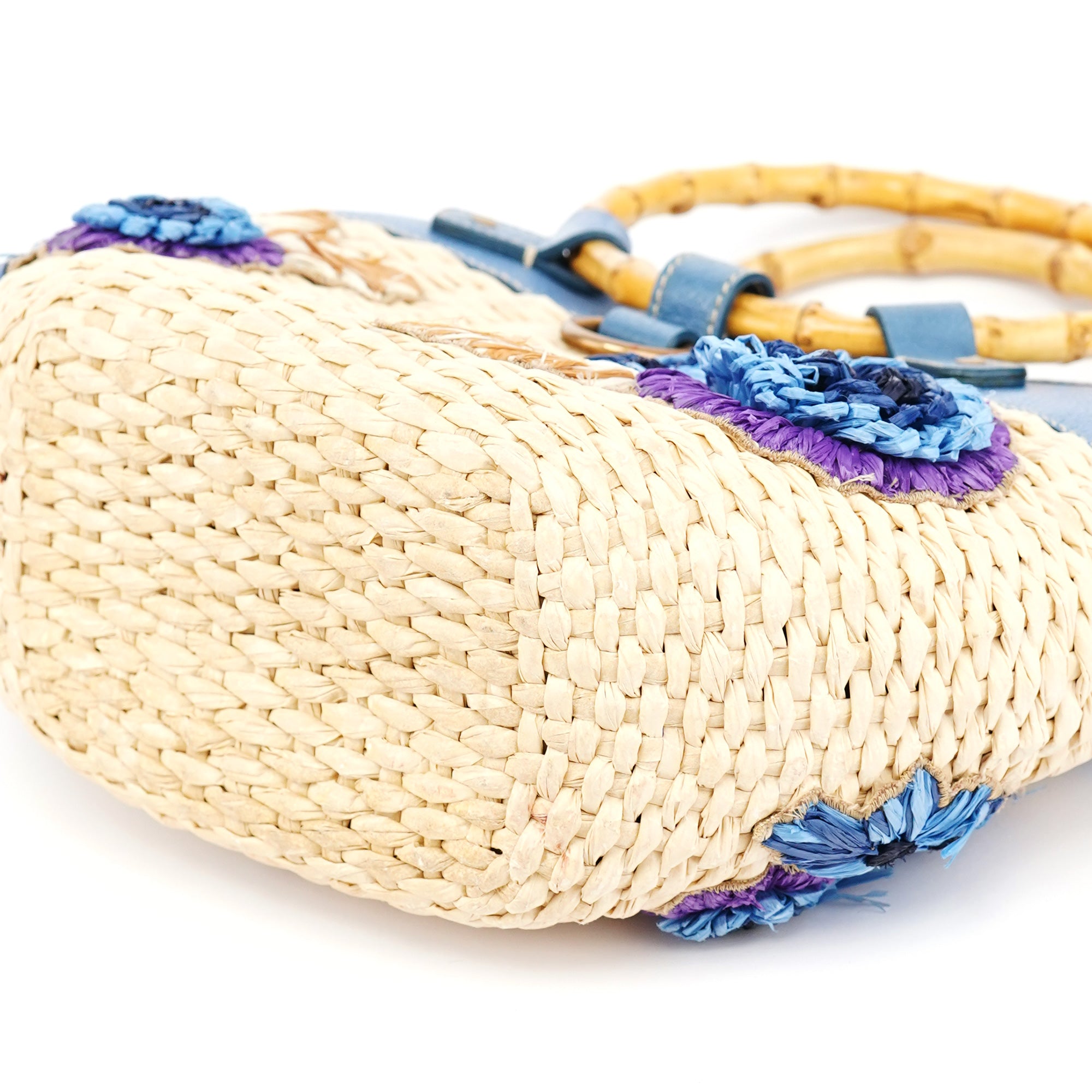 Beige Blue Raffia Bamboo Bag