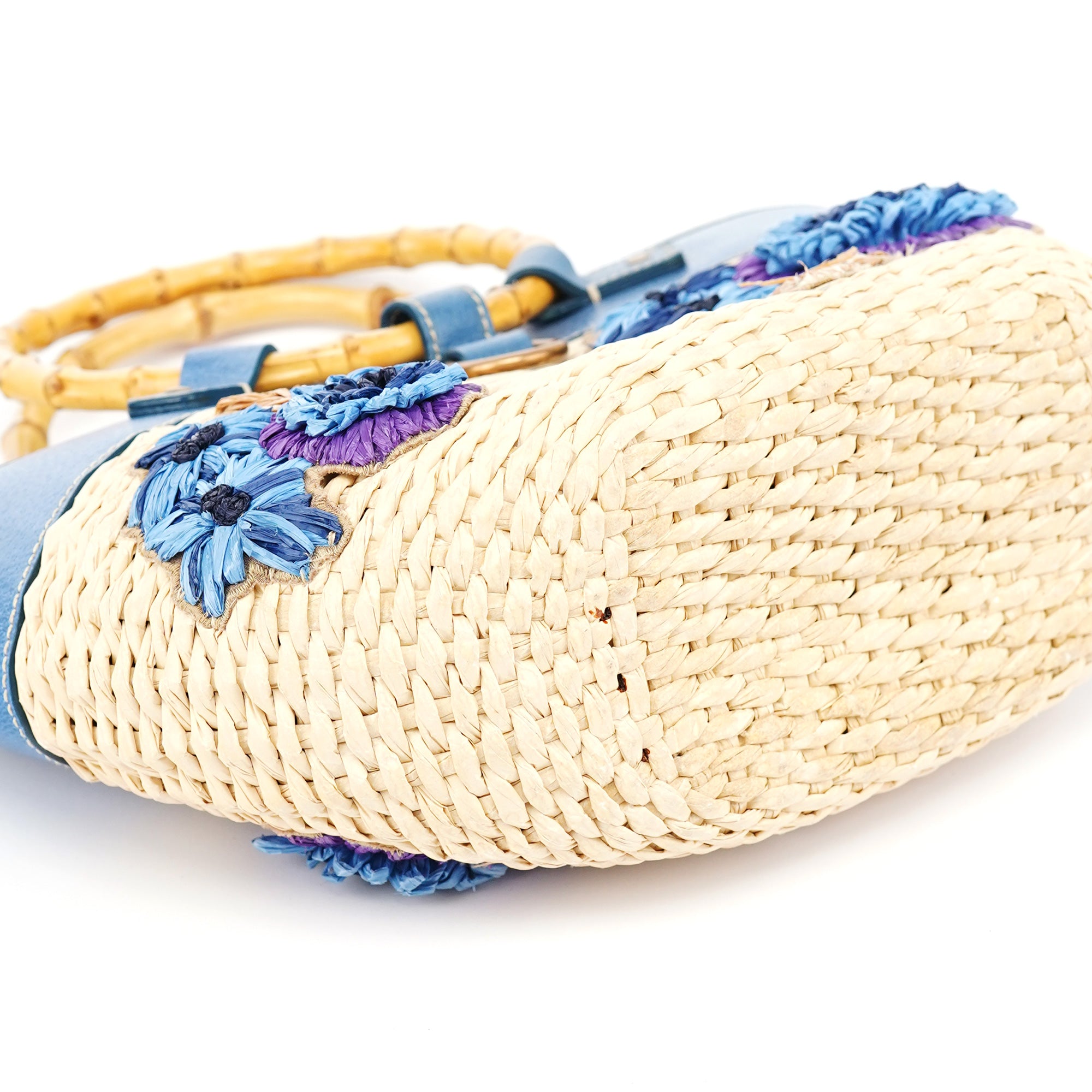 Beige Blue Raffia Bamboo Bag