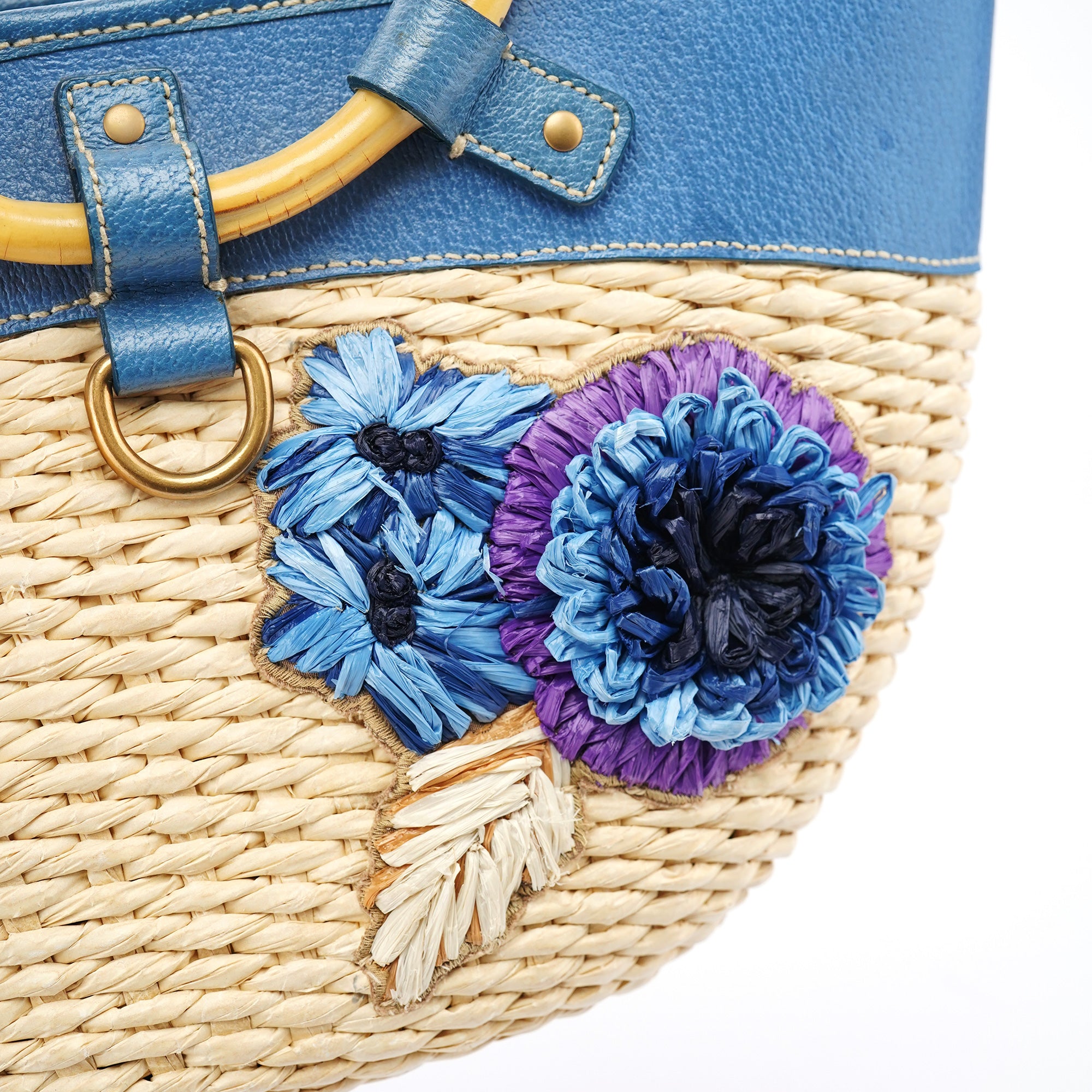 Beige Blue Raffia Bamboo Bag