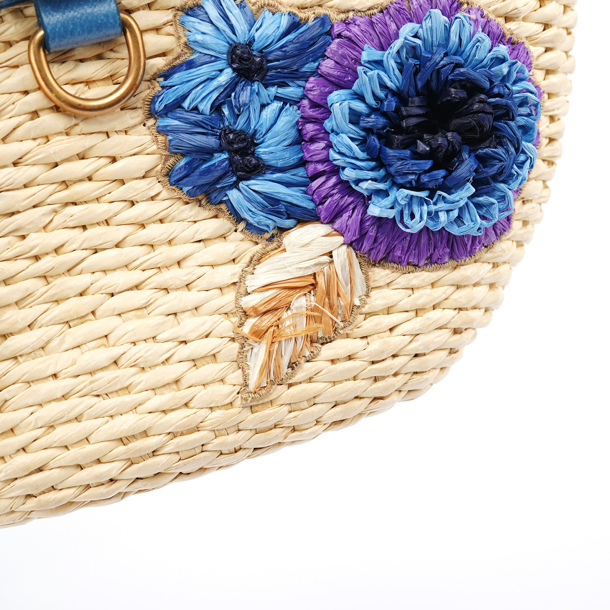 Beige Blue Raffia Bamboo Bag