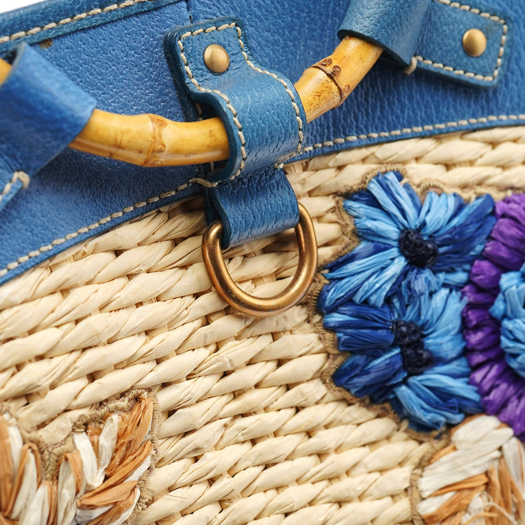 Beige Blue Raffia Bamboo Bag