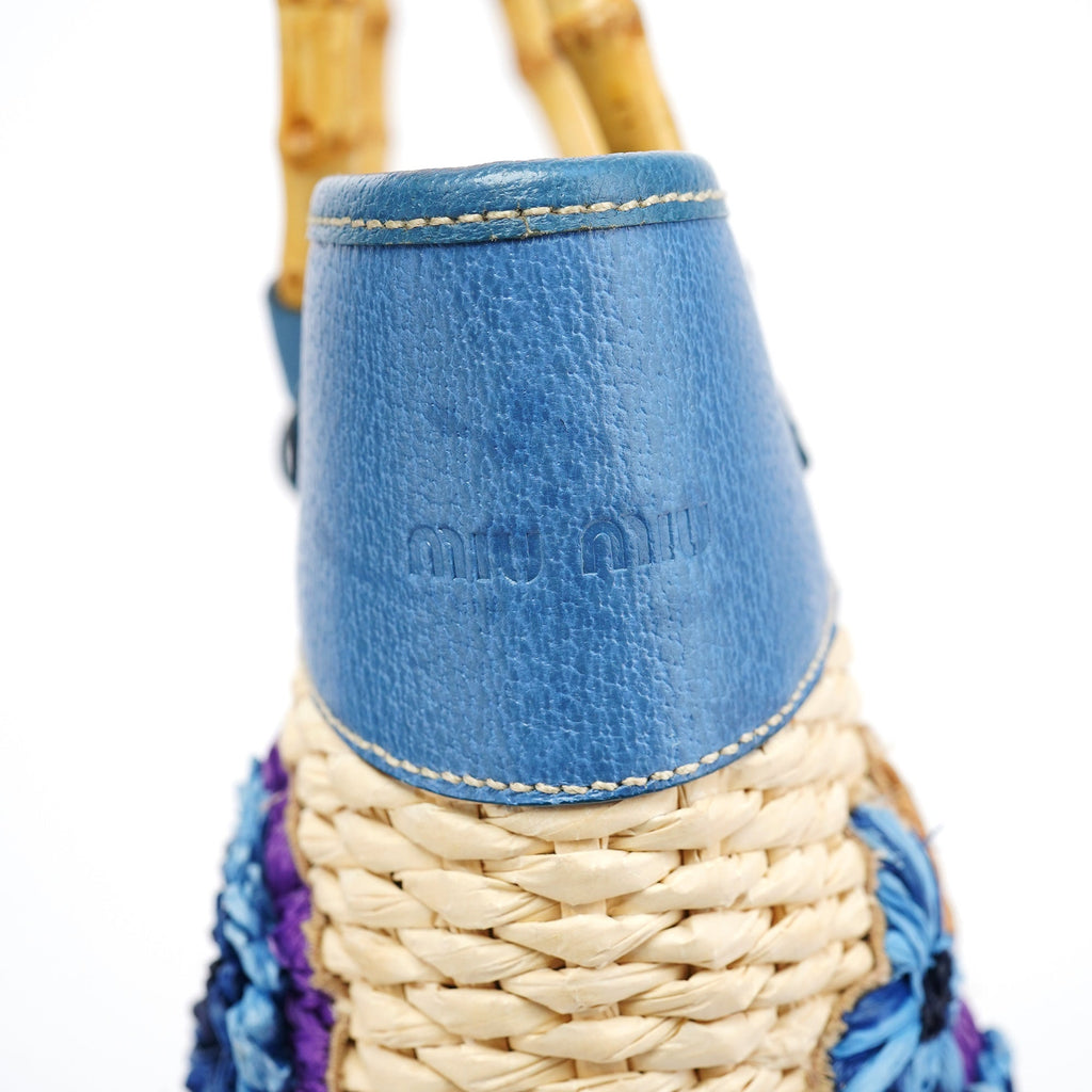 Beige Blue Raffia Bamboo Bag