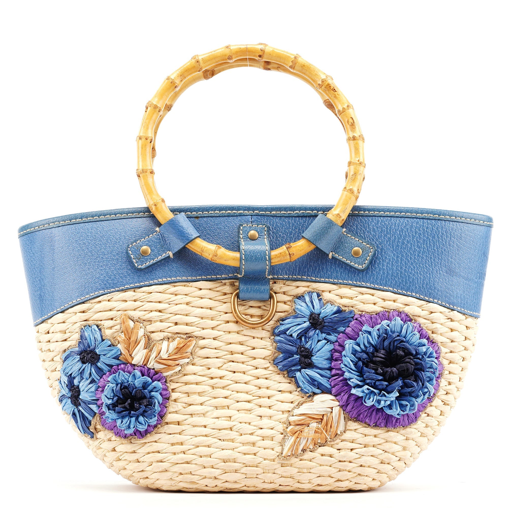 Beige Blue Raffia Bamboo Bag