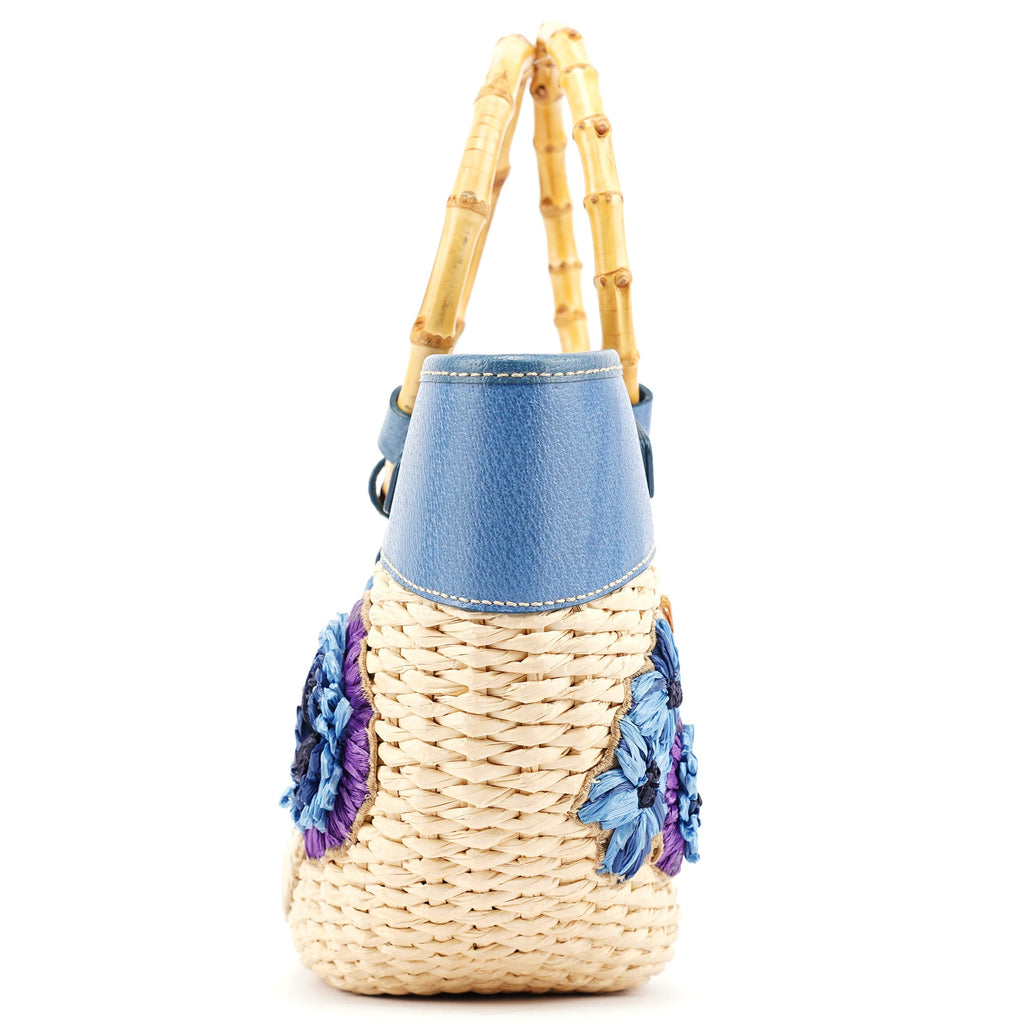 Beige Blue Raffia Bamboo Bag