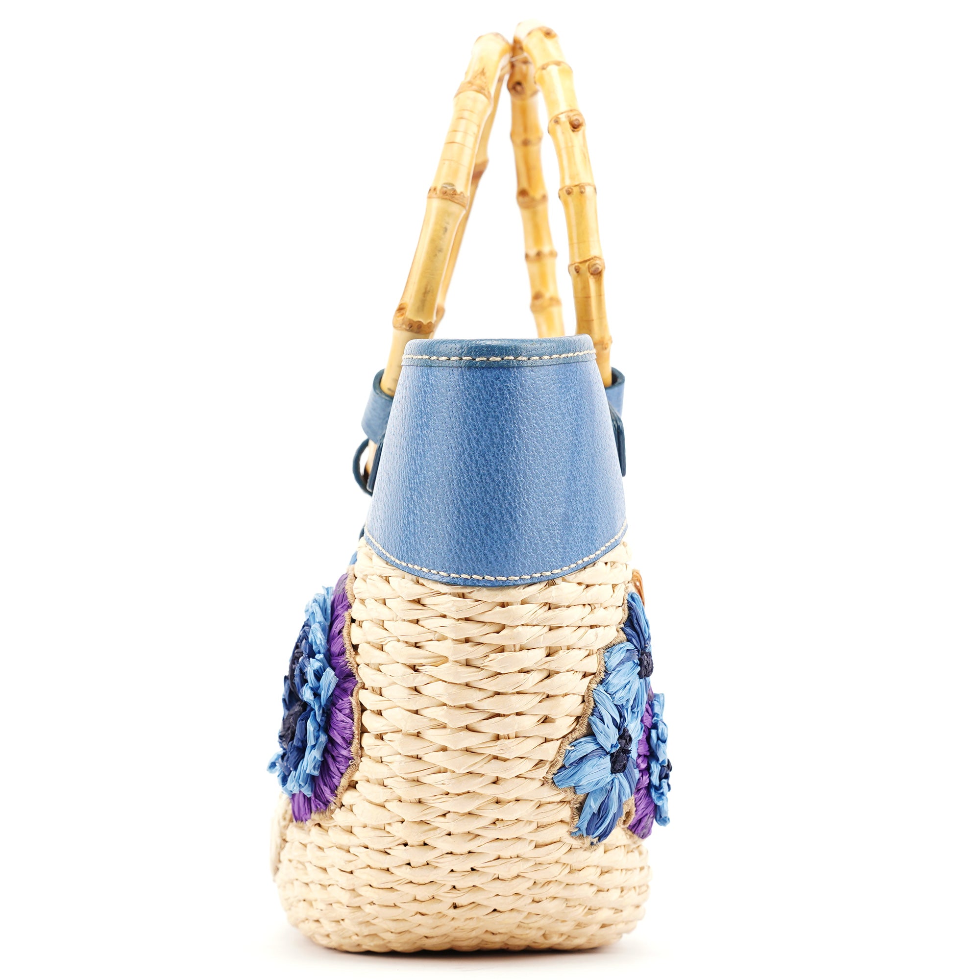 Beige Blue Raffia Bamboo Bag