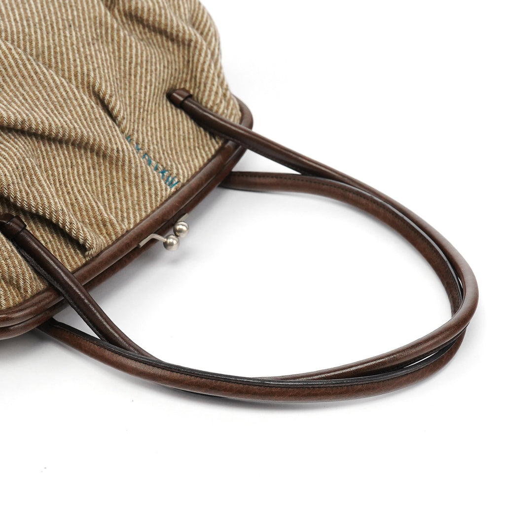 Beige Brown Wool Leather Clutch Tote Bag