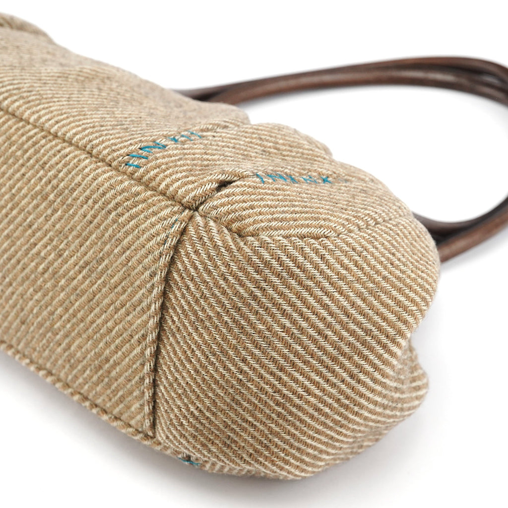 Beige Brown Wool Leather Clutch Tote Bag