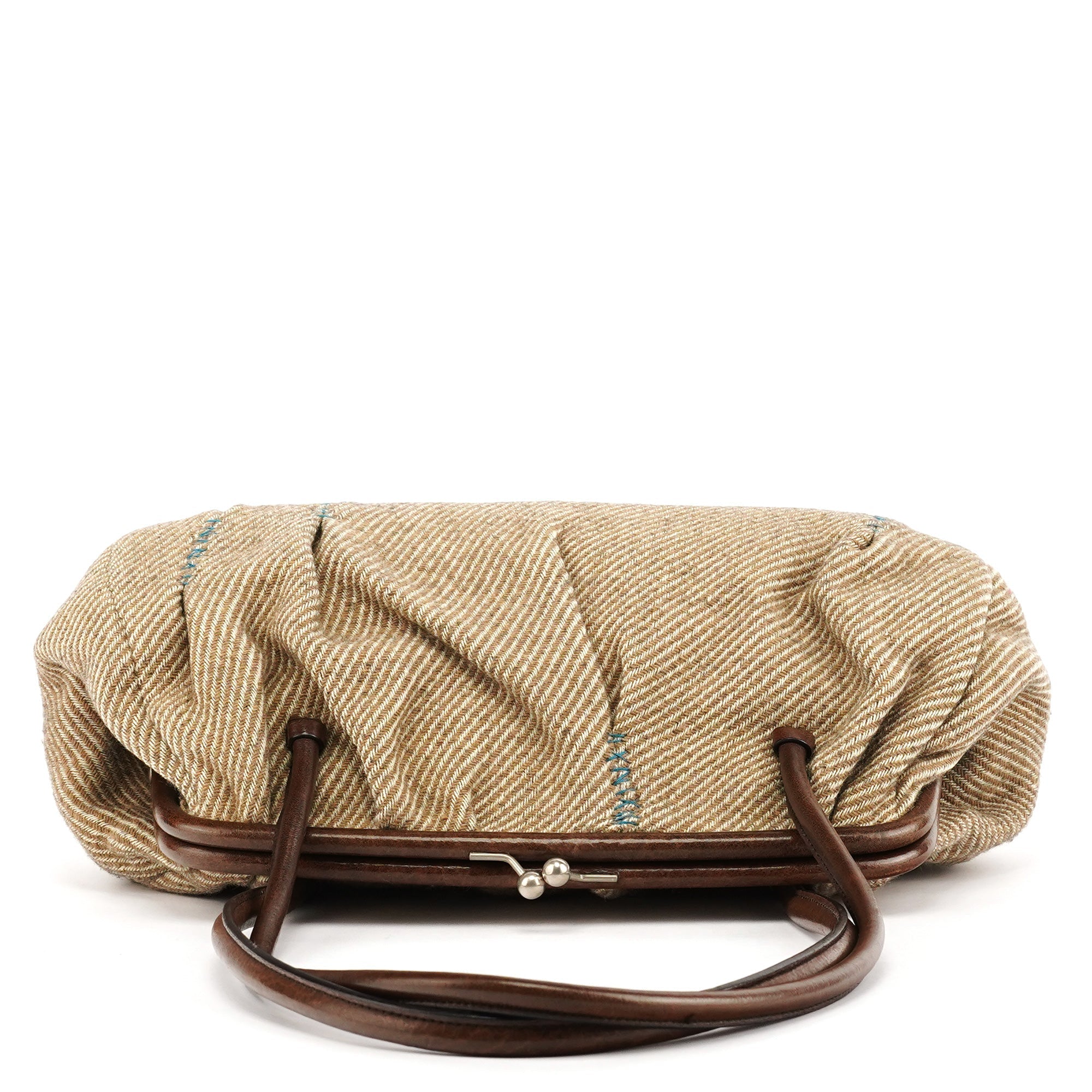 Beige Brown Wool Leather Clutch Tote Bag