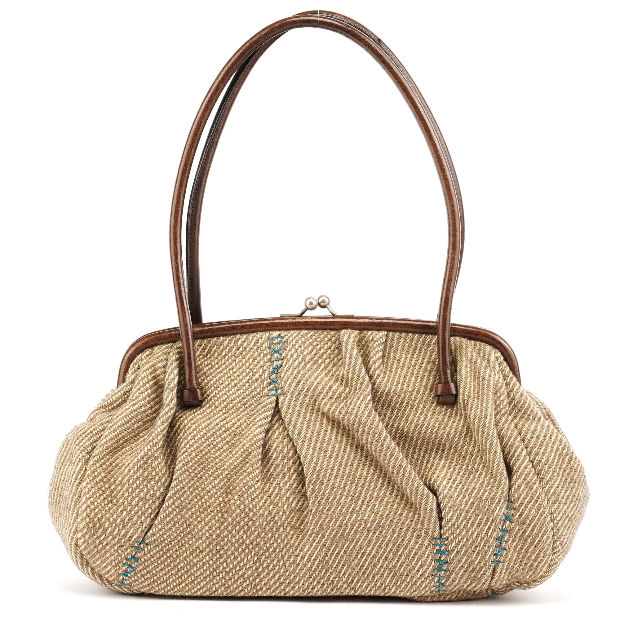 Beige Brown Wool Leather Clutch Tote Bag