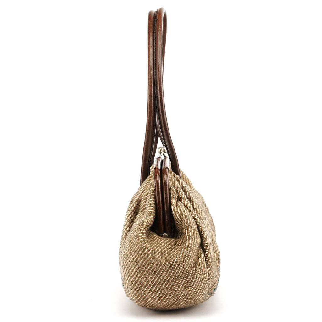 Beige Brown Wool Leather Clutch Tote Bag