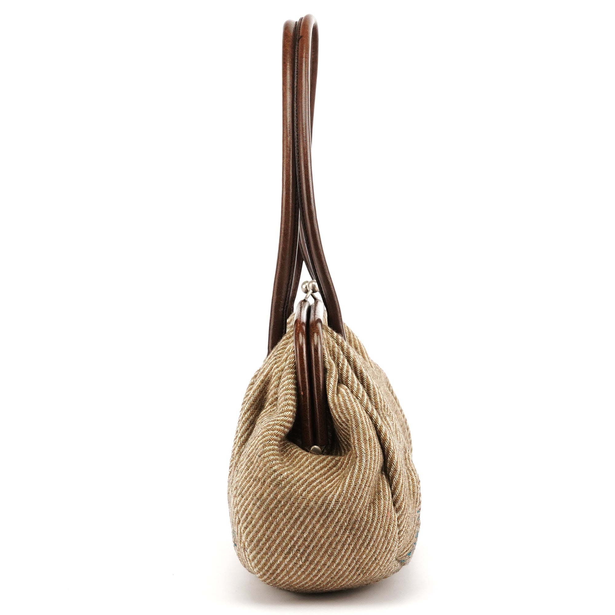 Beige Brown Wool Leather Clutch Tote Bag
