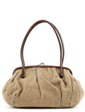 Beige Brown Wool Leather Clutch Tote Bag