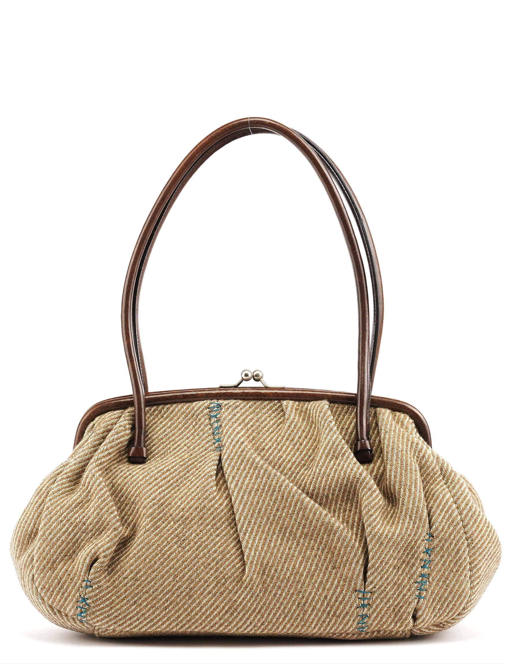 Beige Brown Wool Leather Clutch Tote Bag