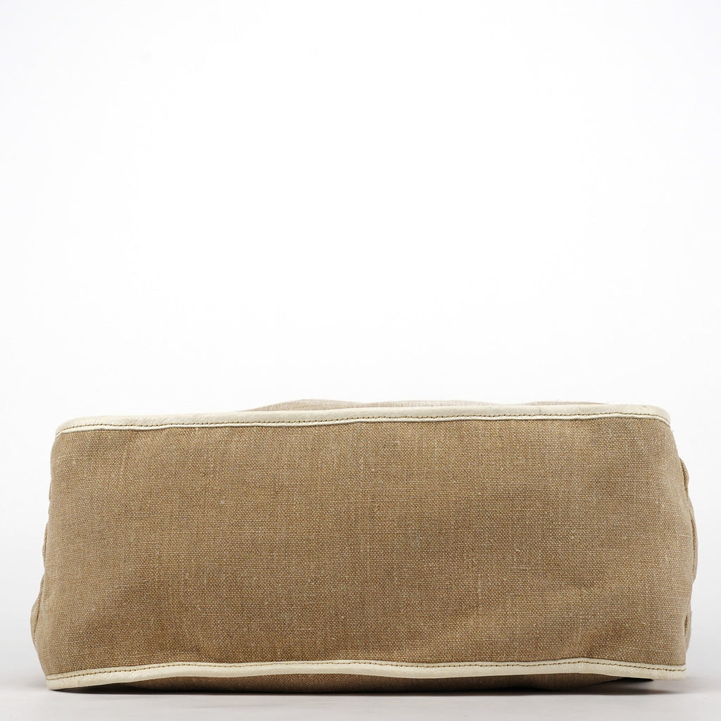 Beige Canvas Floral Appliqué Shoulder Bag