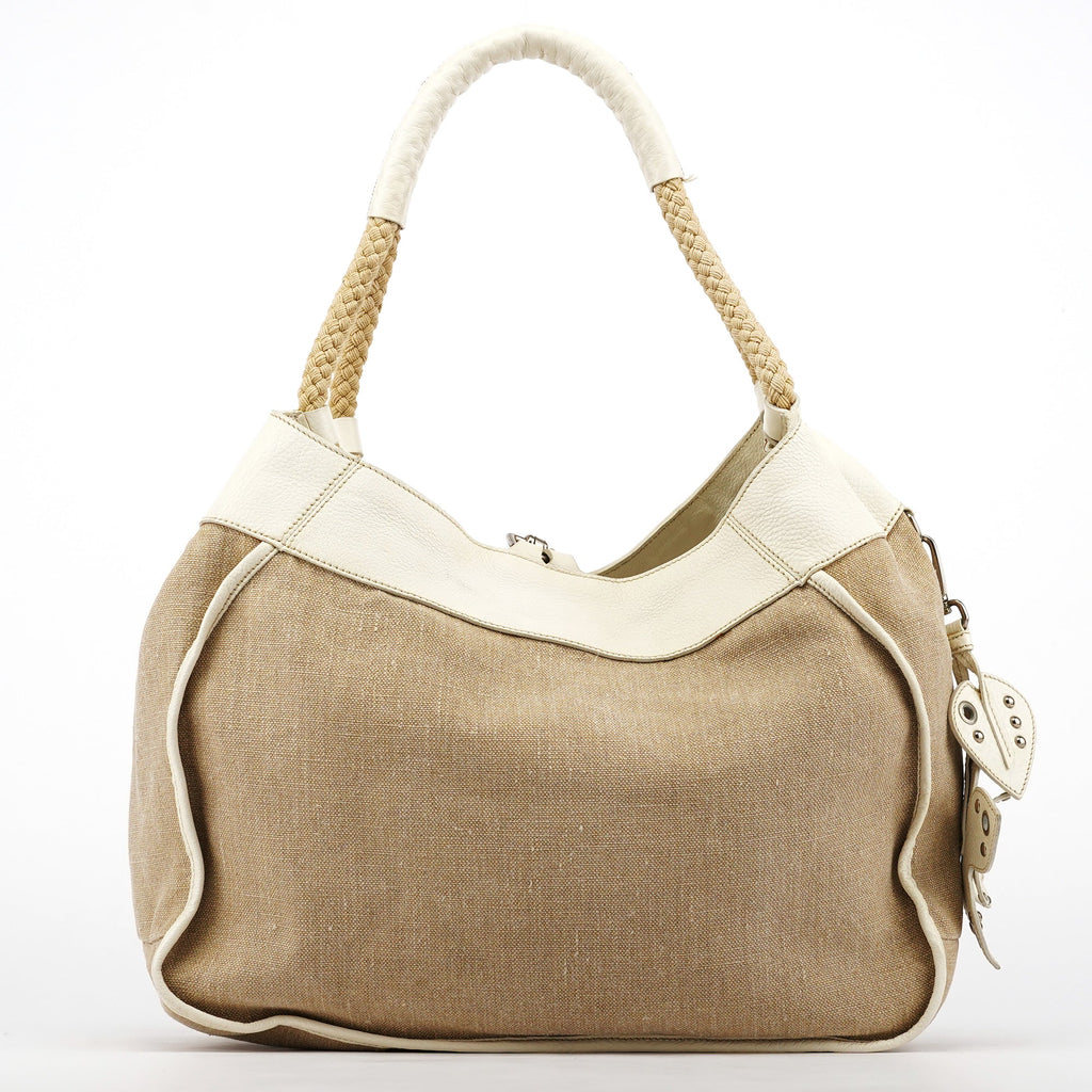 Beige Canvas Floral Appliqué Shoulder Bag