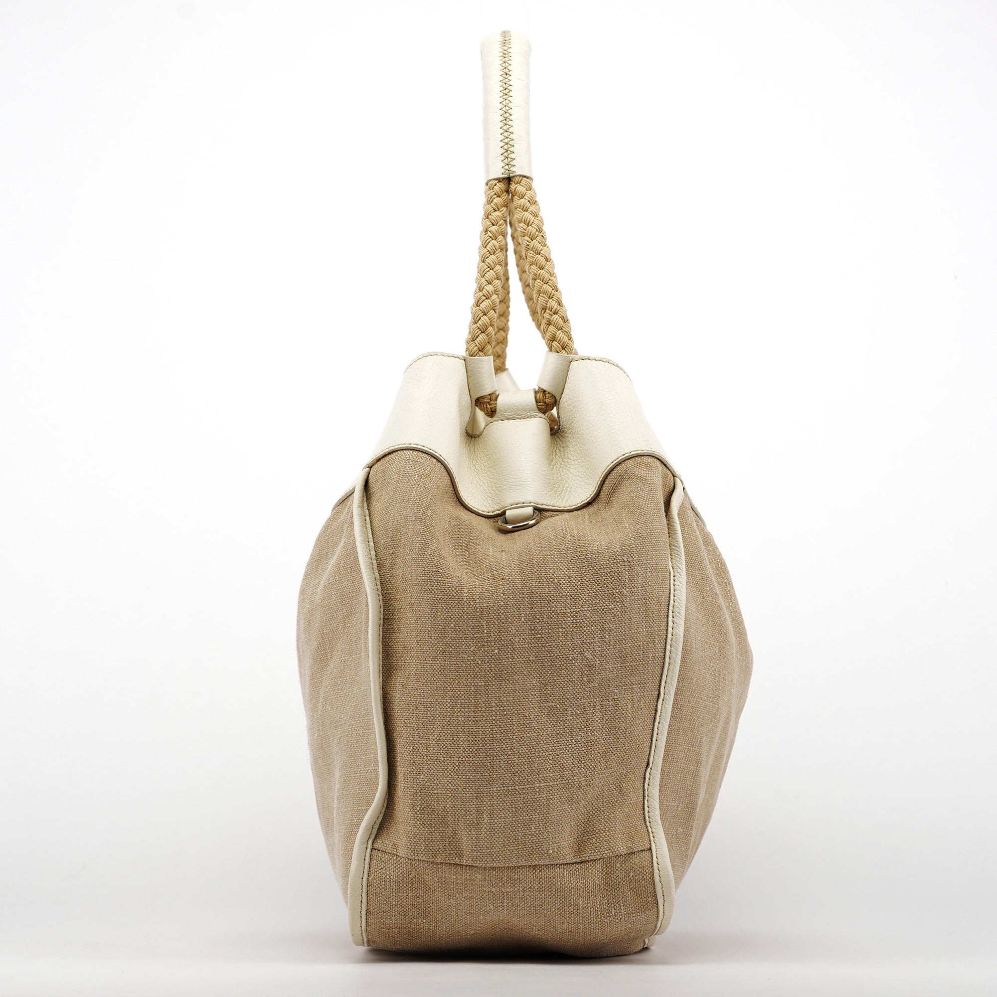 Beige Canvas Floral Appliqué Shoulder Bag