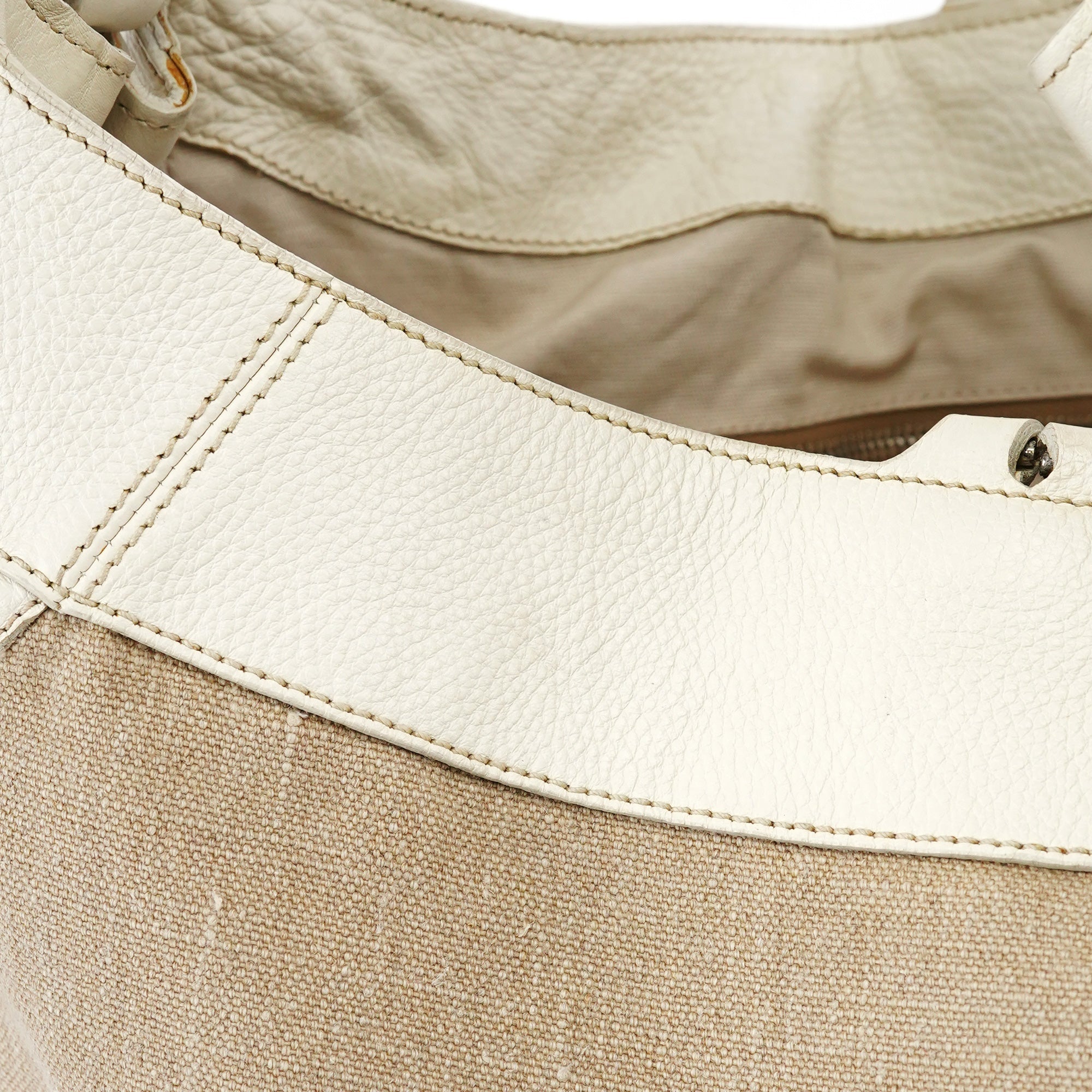 Beige Canvas Floral Appliqué Shoulder Bag