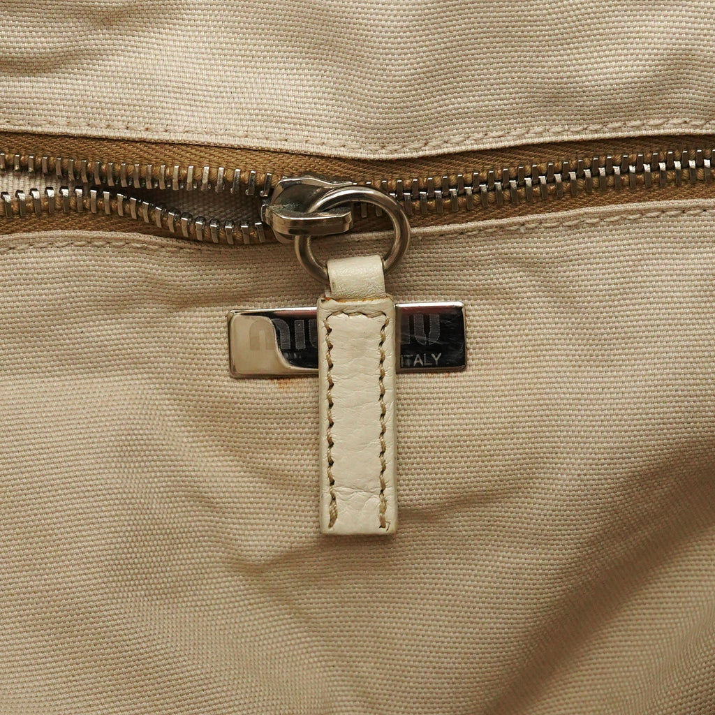 Beige Canvas Floral Appliqué Shoulder Bag