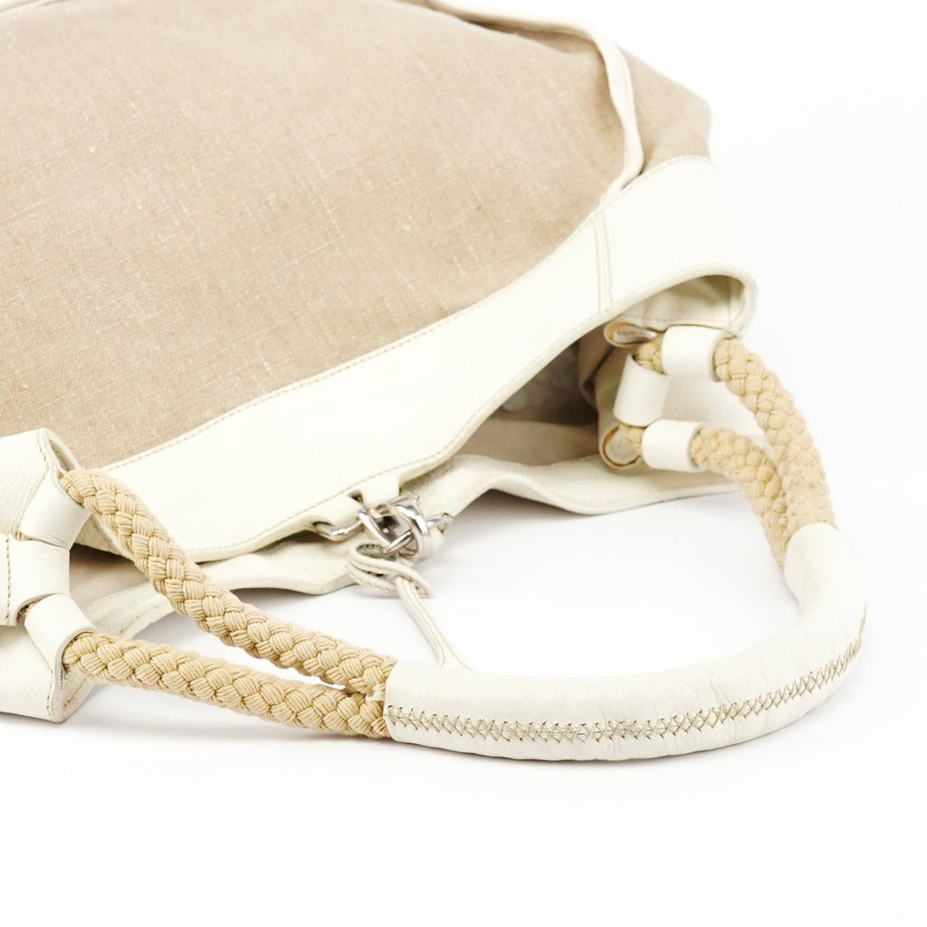 Beige Canvas Floral Appliqué Shoulder Bag