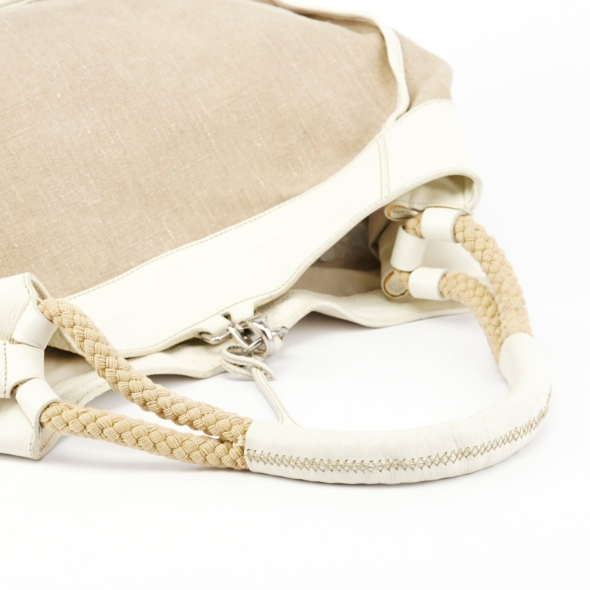 Beige Canvas Floral Appliqué Shoulder Bag