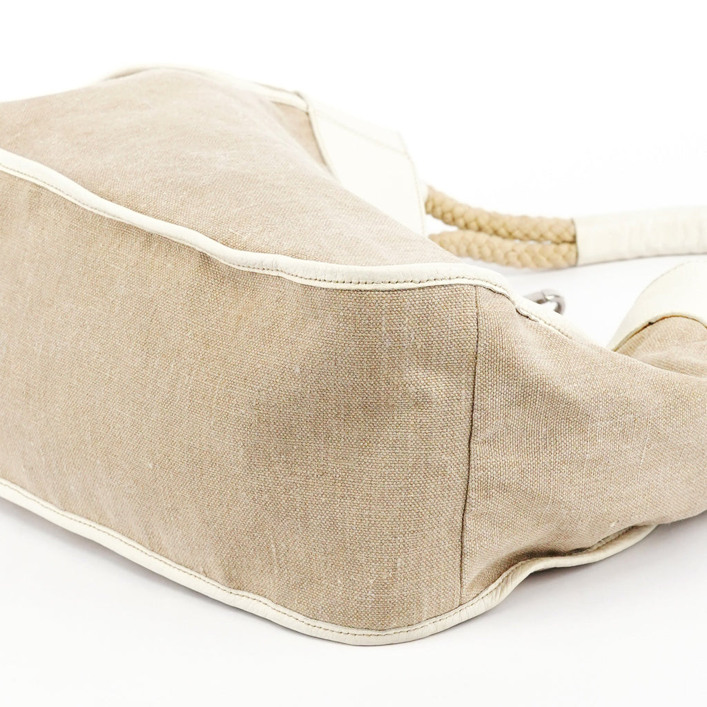 Beige Canvas Floral Appliqué Shoulder Bag