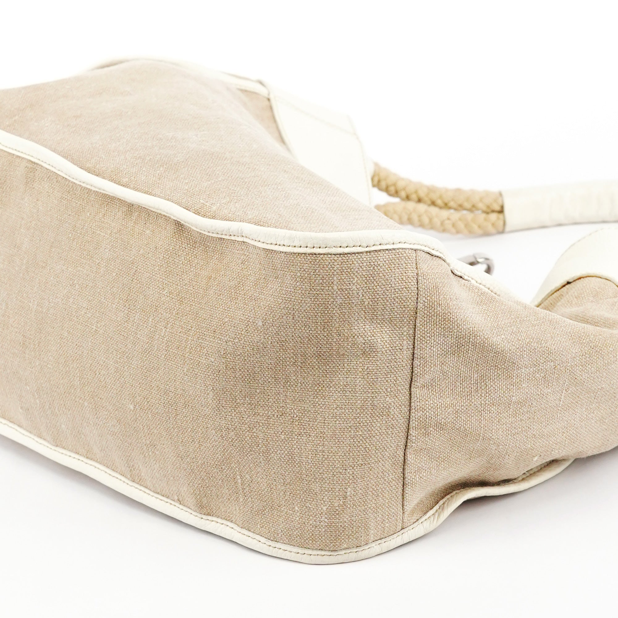 Beige Canvas Floral Appliqué Shoulder Bag