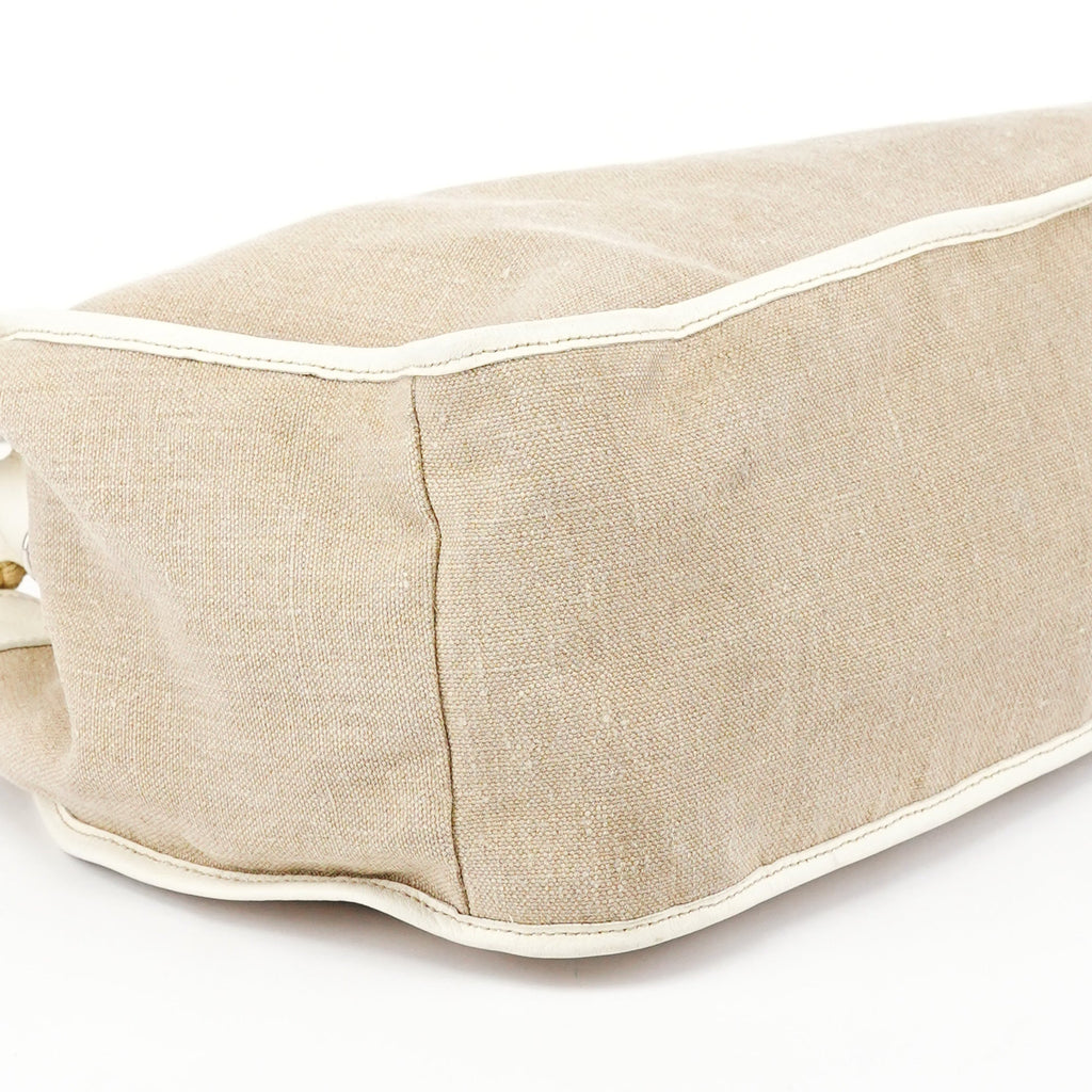 Beige Canvas Floral Appliqué Shoulder Bag