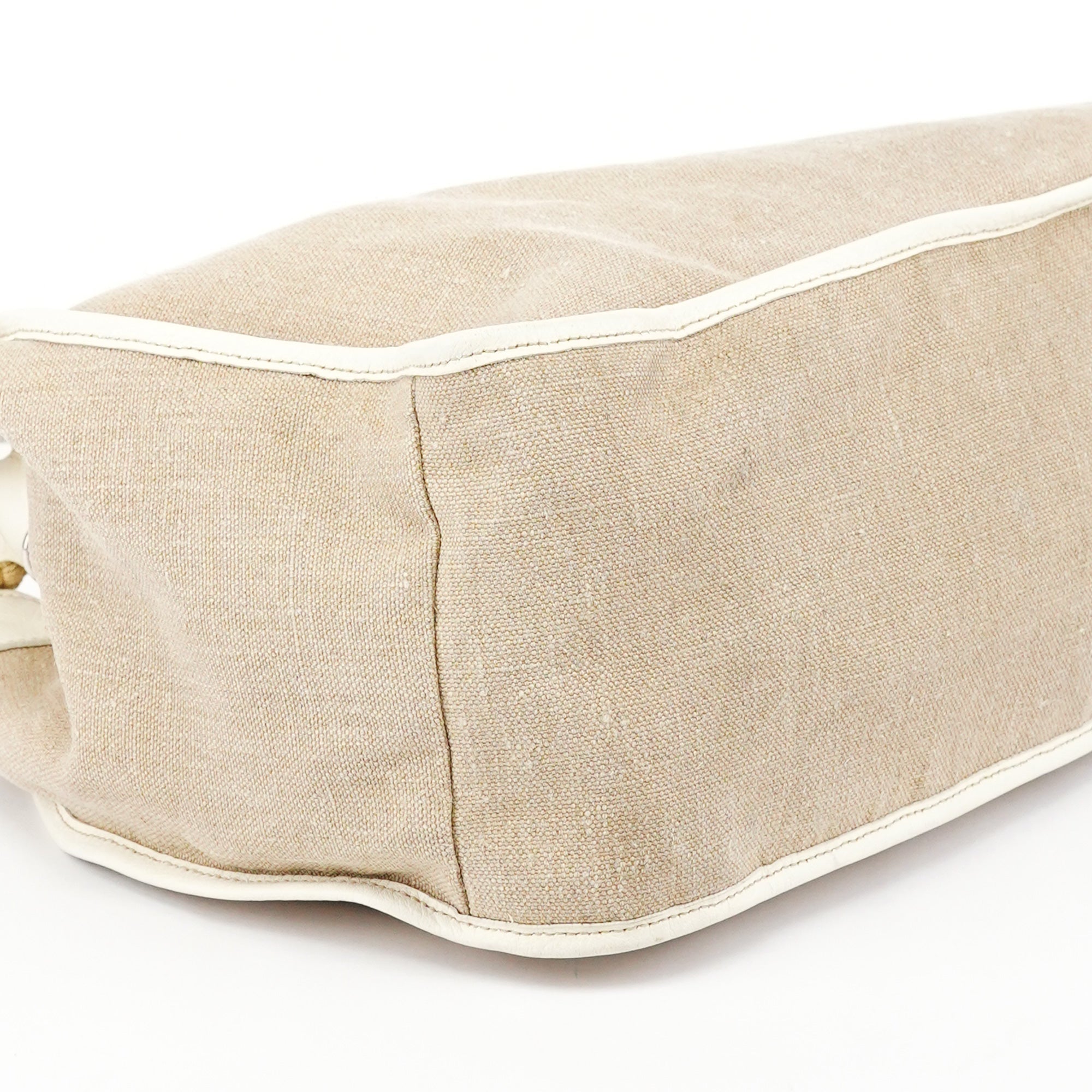 Beige Canvas Floral Appliqué Shoulder Bag