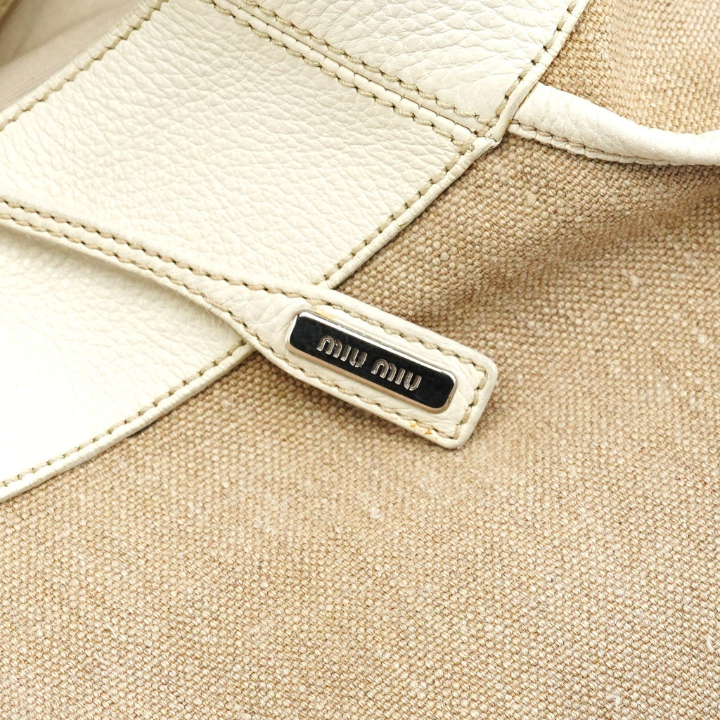 Beige Canvas Floral Appliqué Shoulder Bag
