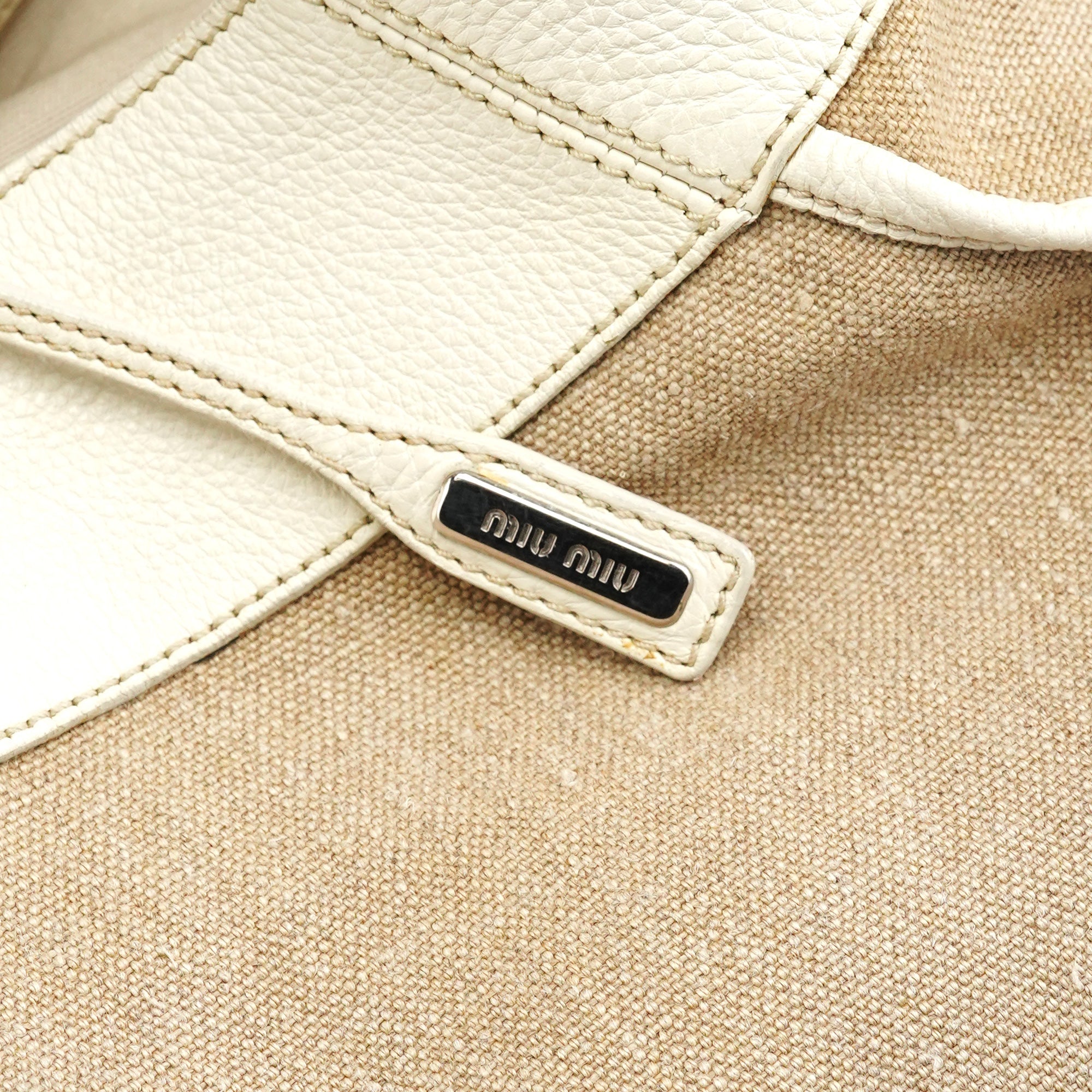 Beige Canvas Floral Appliqué Shoulder Bag