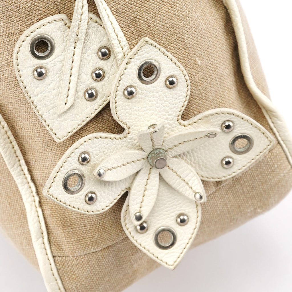 Beige Canvas Floral Appliqué Shoulder Bag