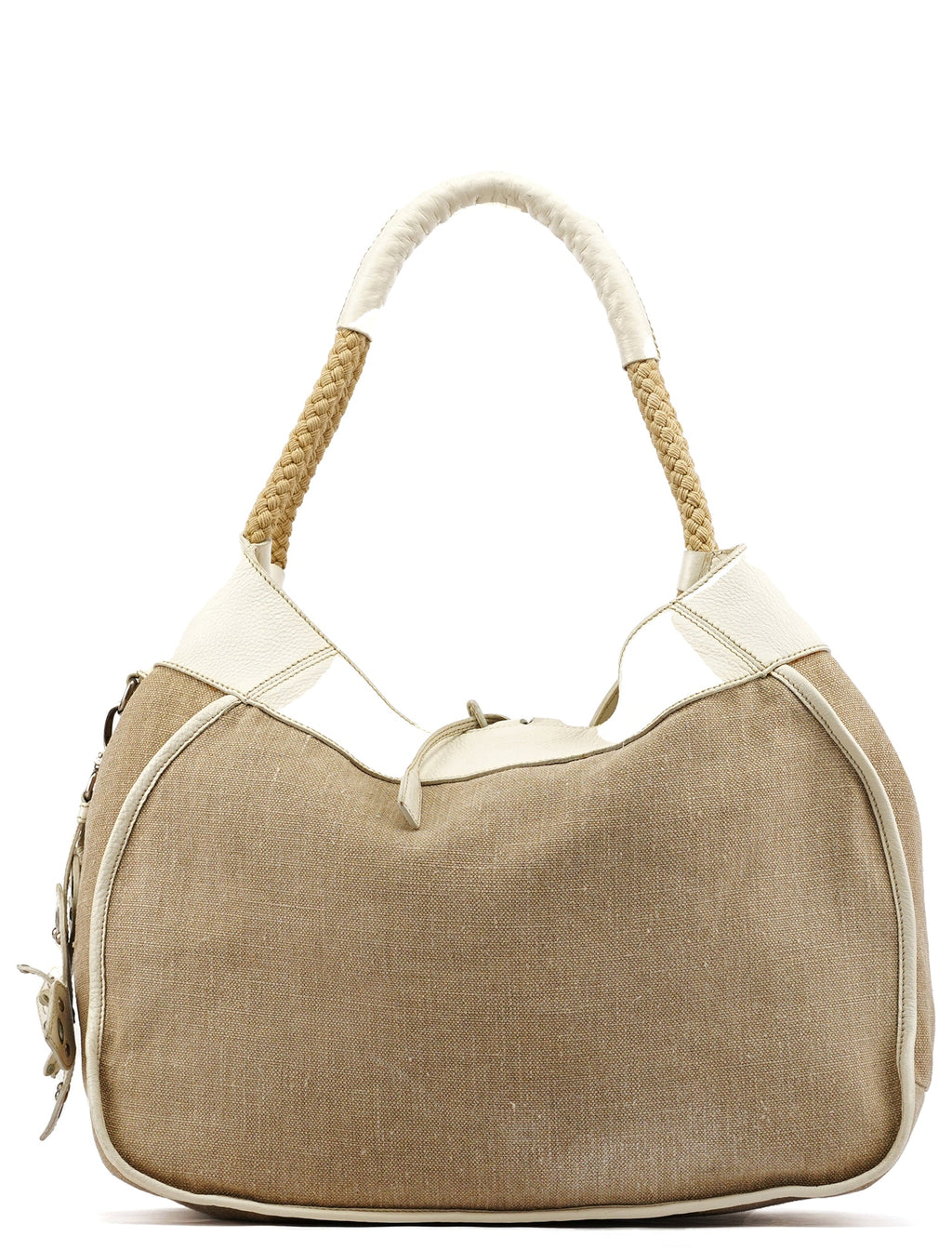 Beige Canvas Floral Appliqué Shoulder Bag