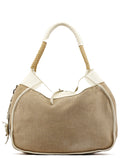 Beige Canvas Floral Appliqué Shoulder Bag