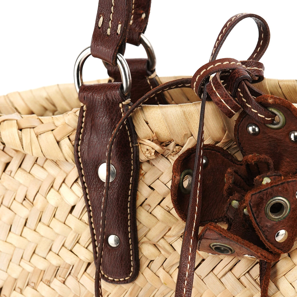 Beige Raffia Brown Leather Basket Bag