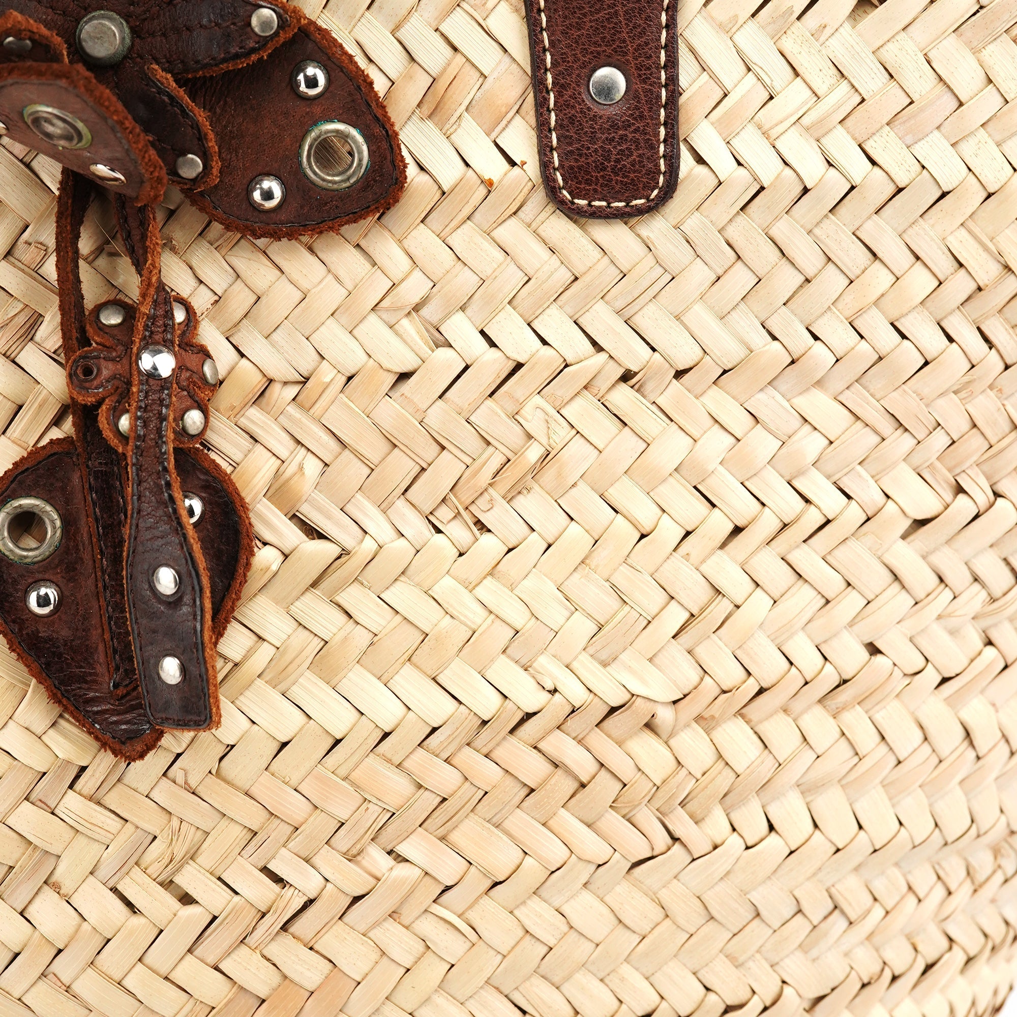Beige Raffia Brown Leather Basket Bag