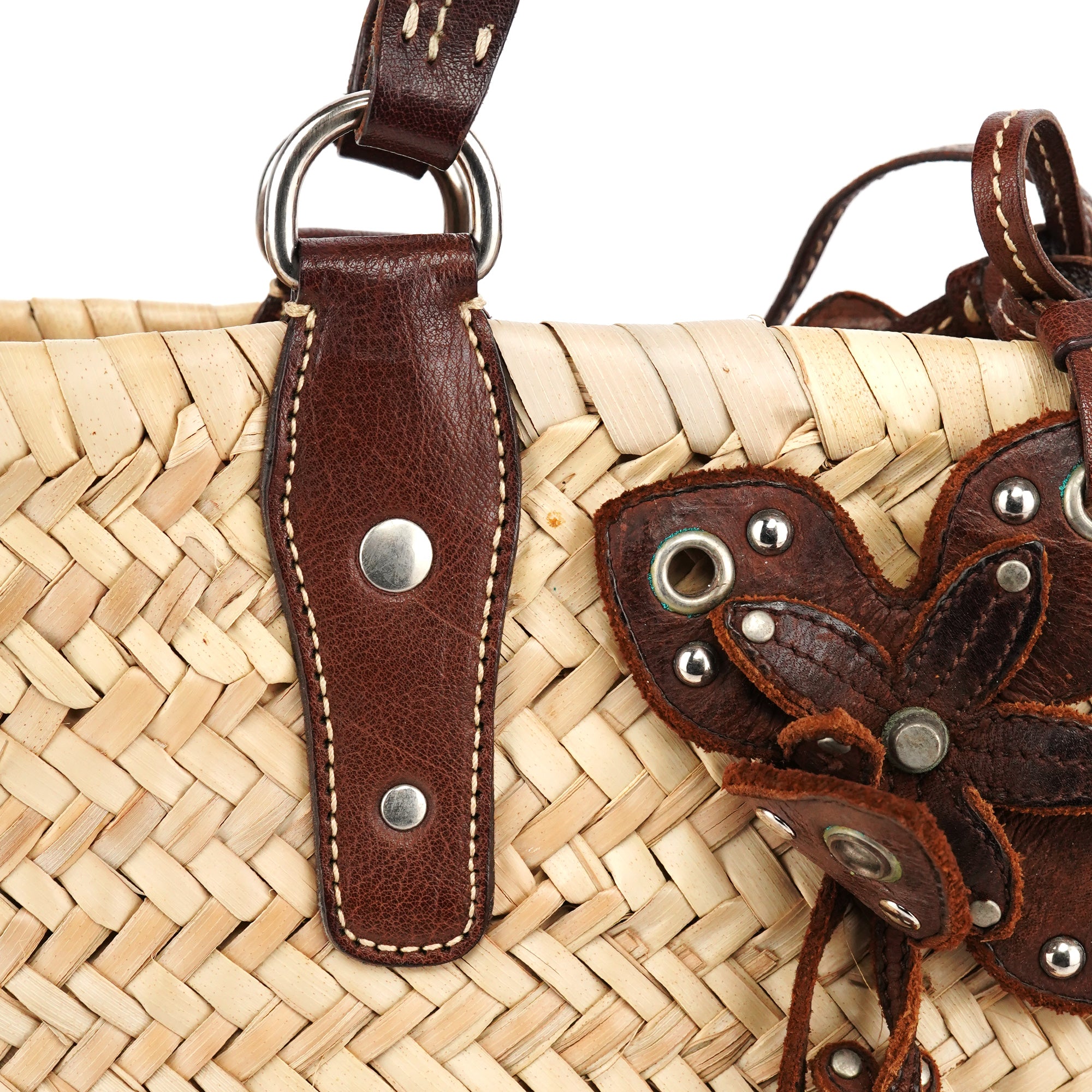 Beige Raffia Brown Leather Basket Bag