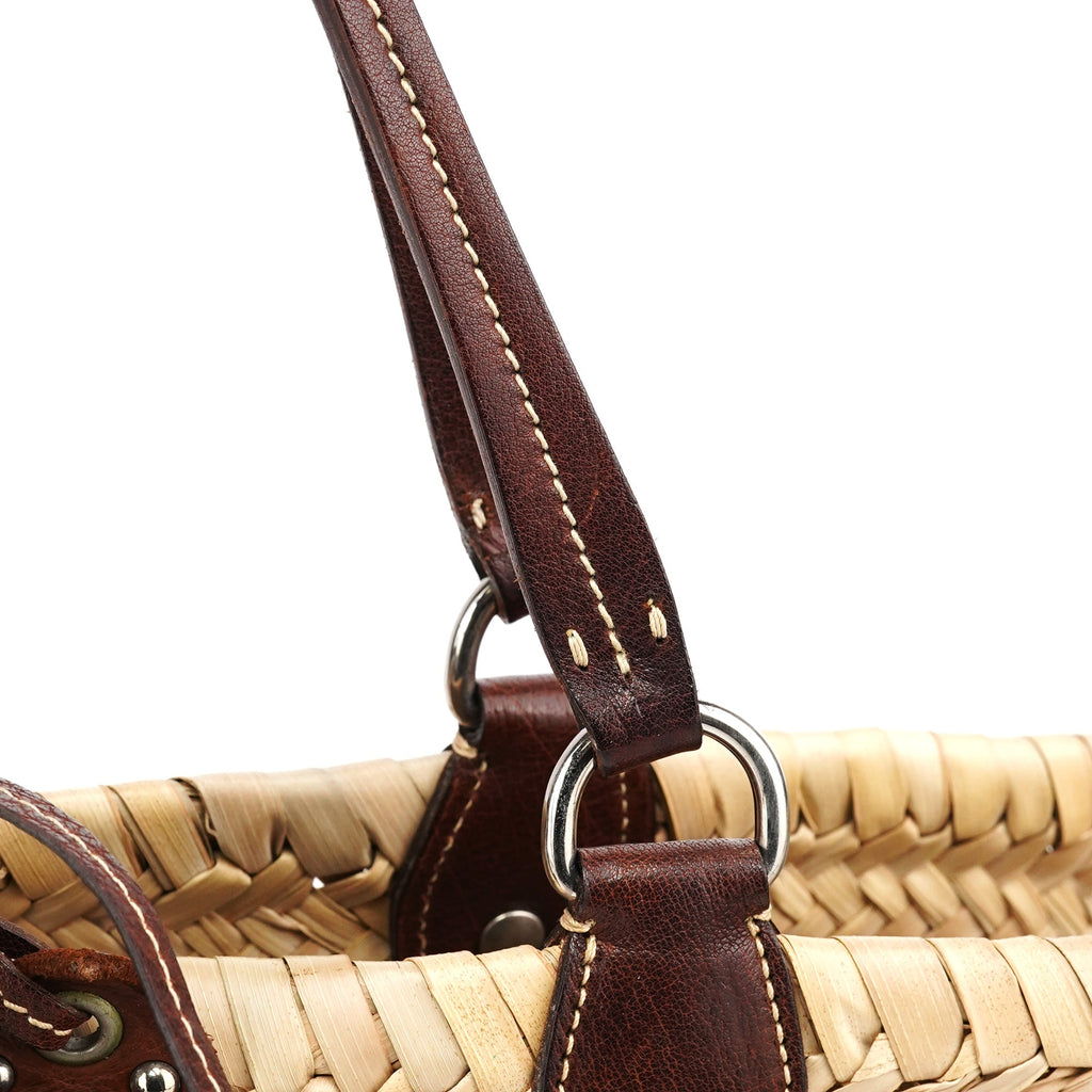 Beige Raffia Brown Leather Basket Bag