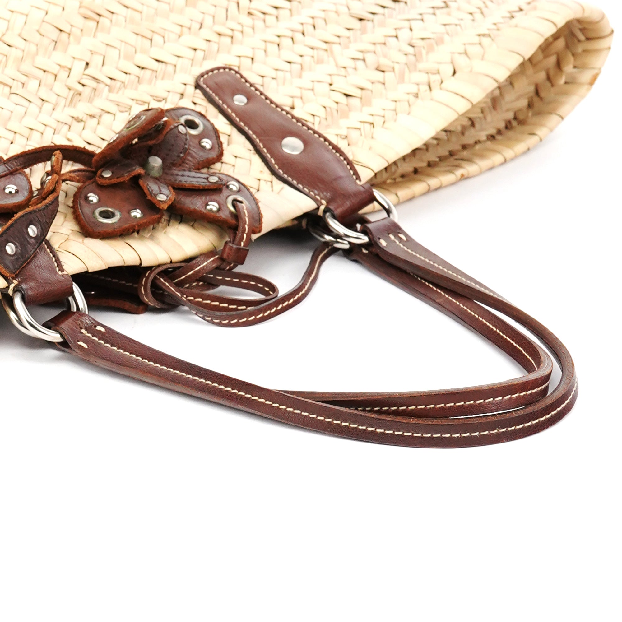 Beige Raffia Brown Leather Basket Bag