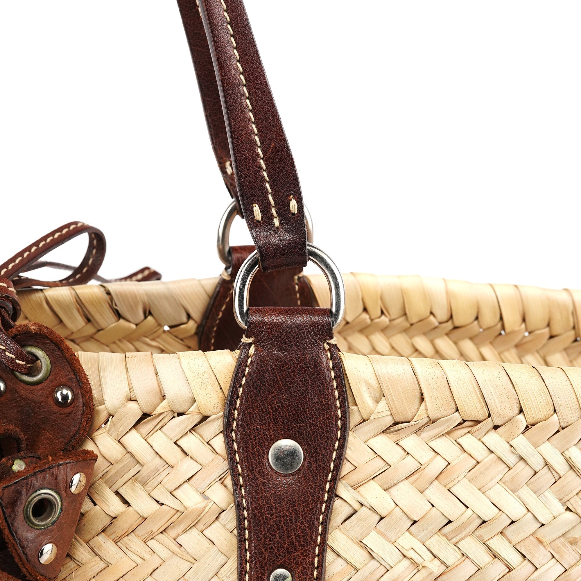 Beige Raffia Brown Leather Basket Bag