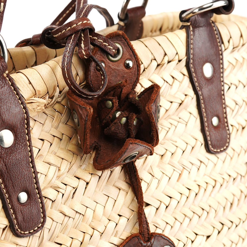 Beige Raffia Brown Leather Basket Bag