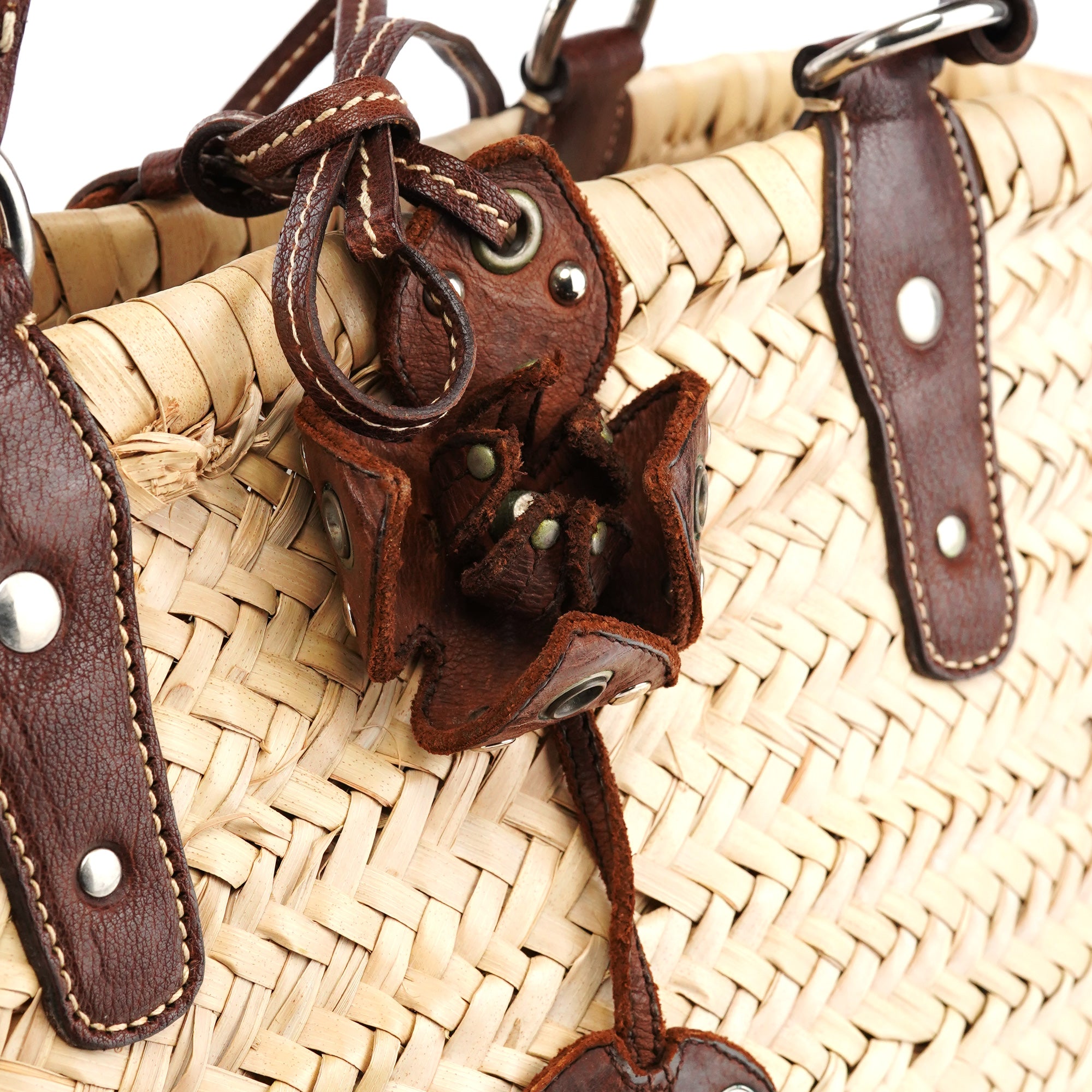 Beige Raffia Brown Leather Basket Bag