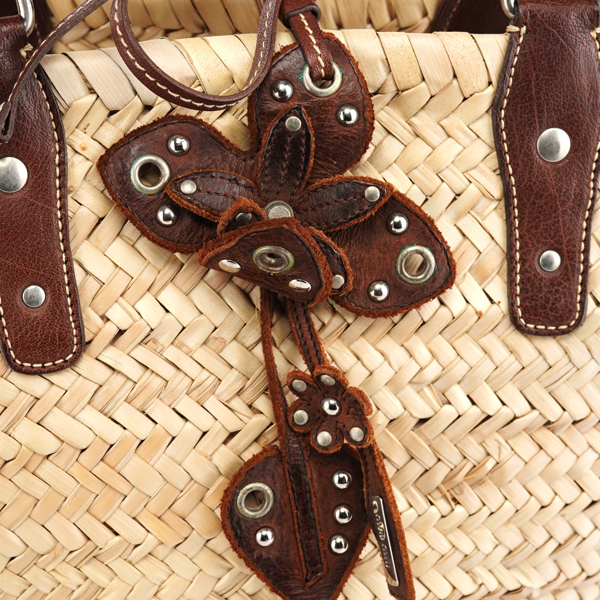Beige Raffia Brown Leather Basket Bag
