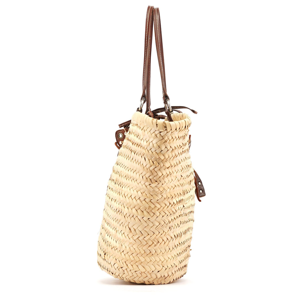 Beige Raffia Brown Leather Basket Bag