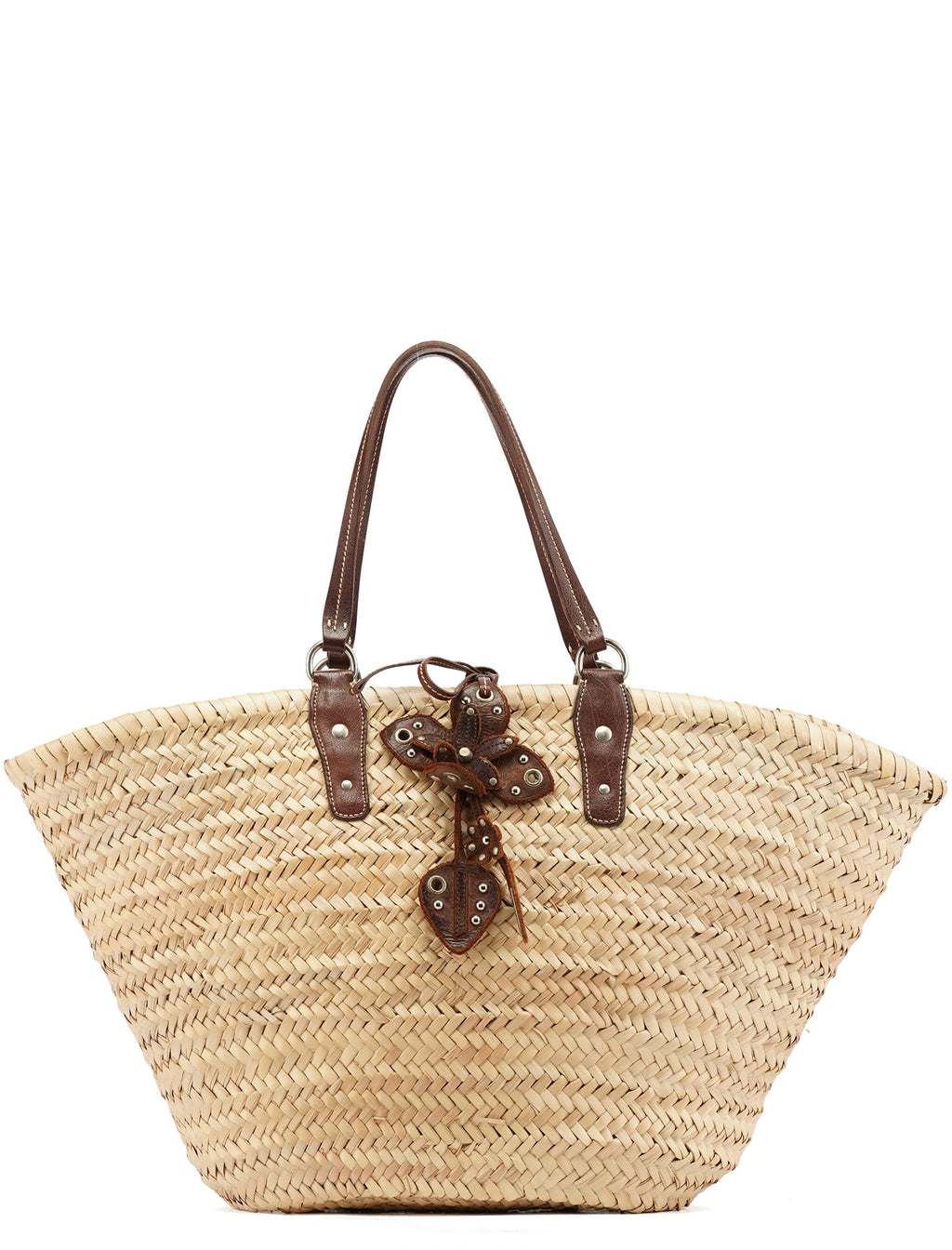 Beige Raffia Brown Leather Basket Bag