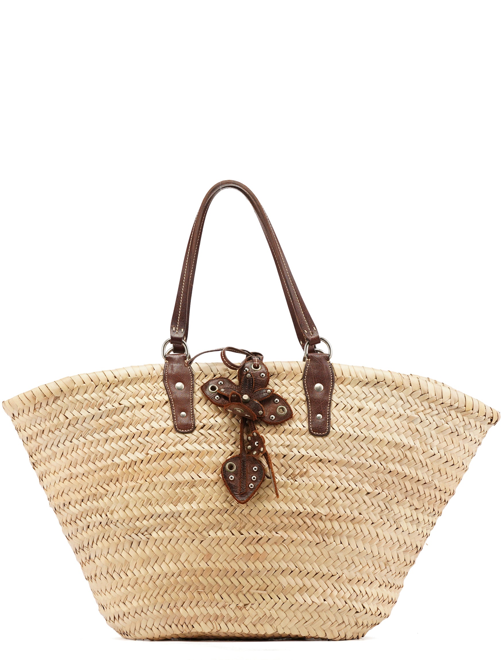 Beige Raffia Brown Leather Basket Bag