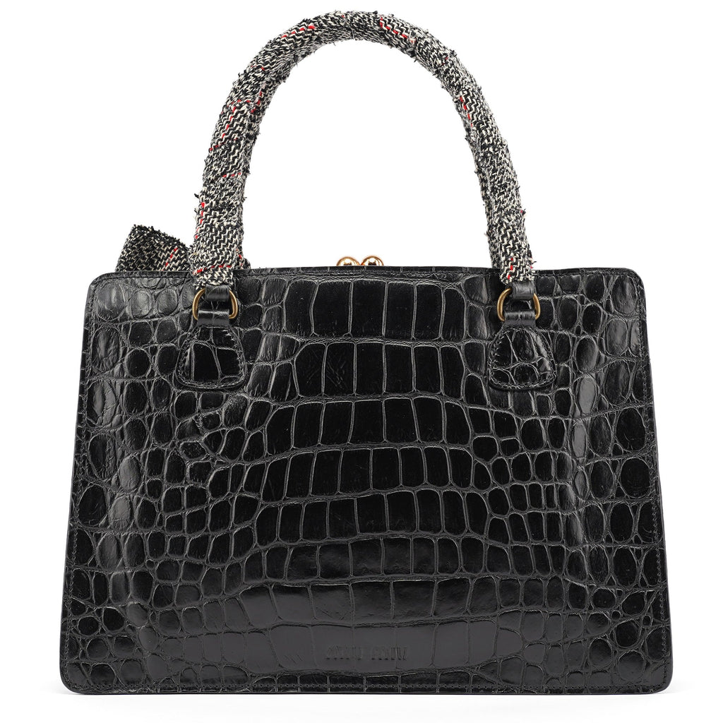 Black Croc Embossed Leather Clutch Tote Bag