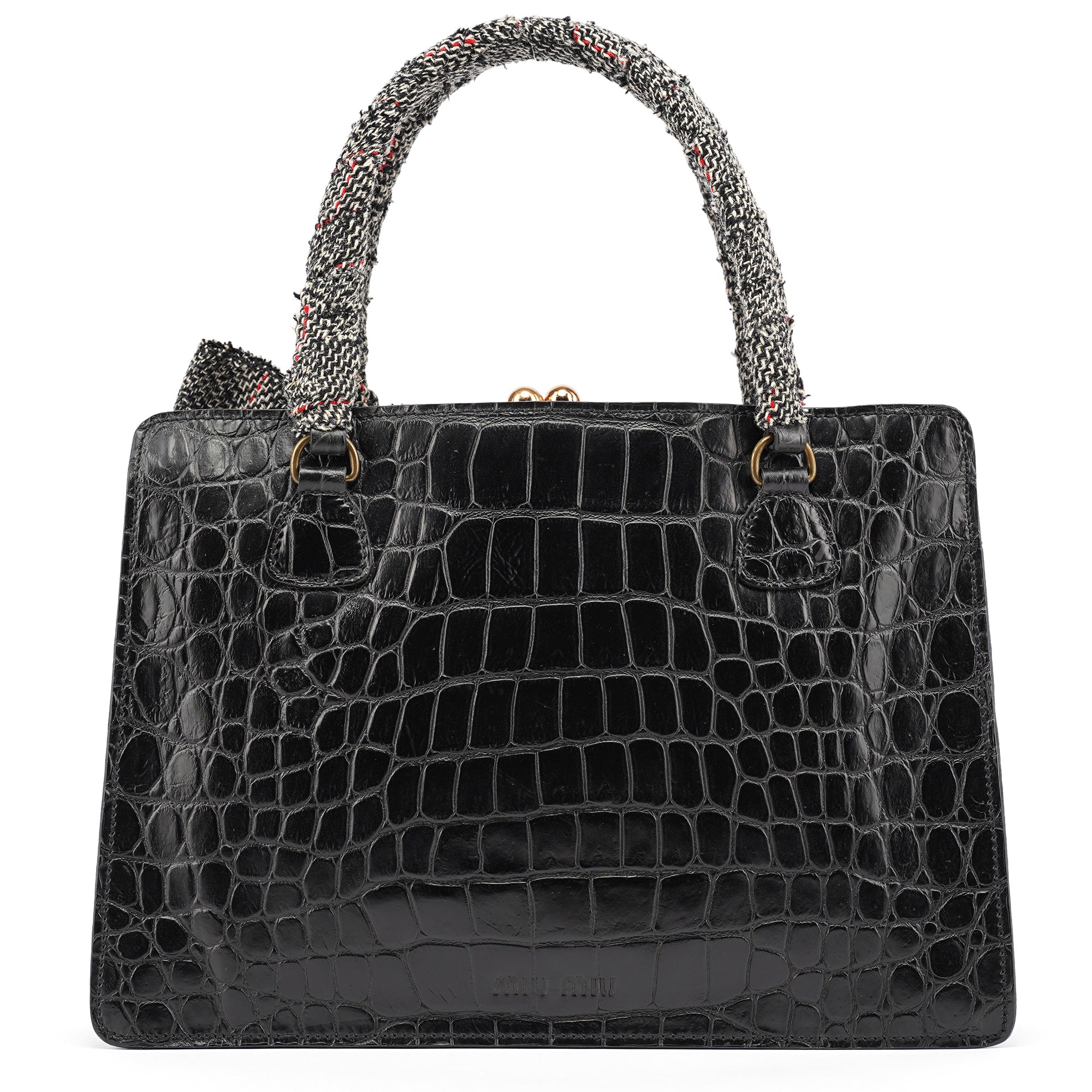 Black Croc Embossed Leather Clutch Tote Bag