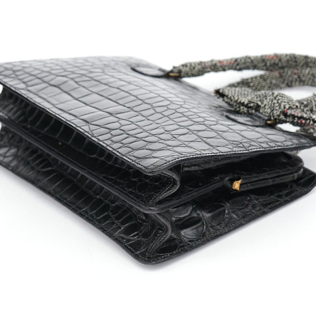 Black Croc Embossed Leather Clutch Tote Bag